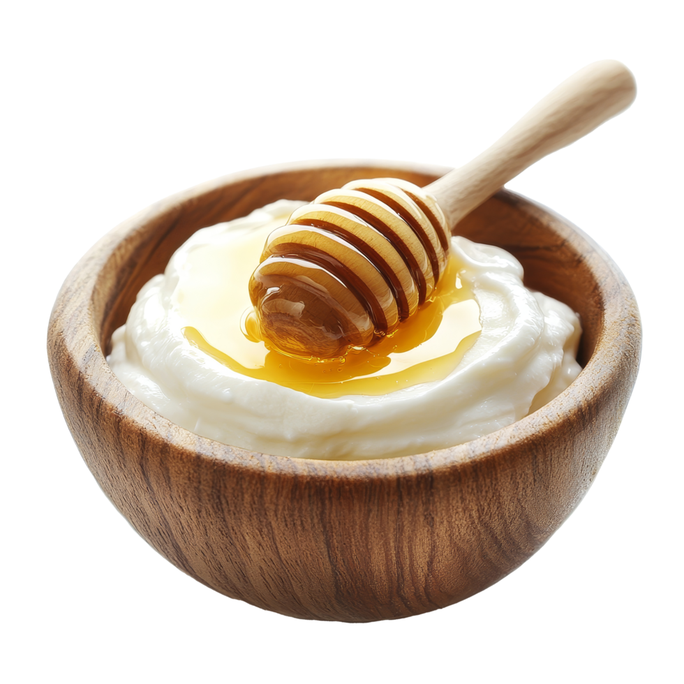 Creamy yogurt drizzled with golden honey in a rustic wooden bowl on a clean transparent background, Honey with yogurt in a wooden bowl on a transparent background png