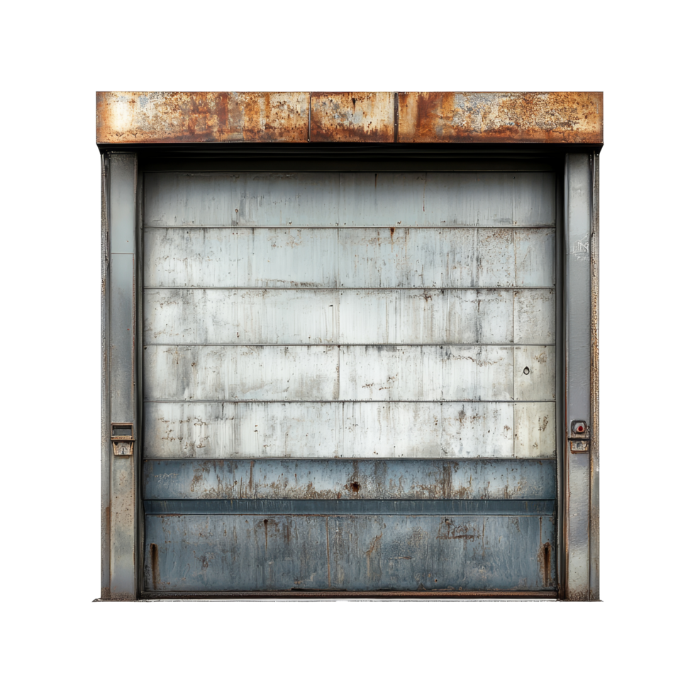 Industrial roll-up door with a metallic frame, featuring a weathered surface, isolated on a transparent background, Industrial RollUp Door in Metallic Frame Isolated on transparent background png