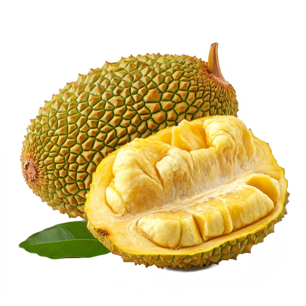 Ripe half jackfruit with leaf isolated on transparent background showcasing its unique texture and color, ripe half Jackfruit with leaf isolated on transparent background png