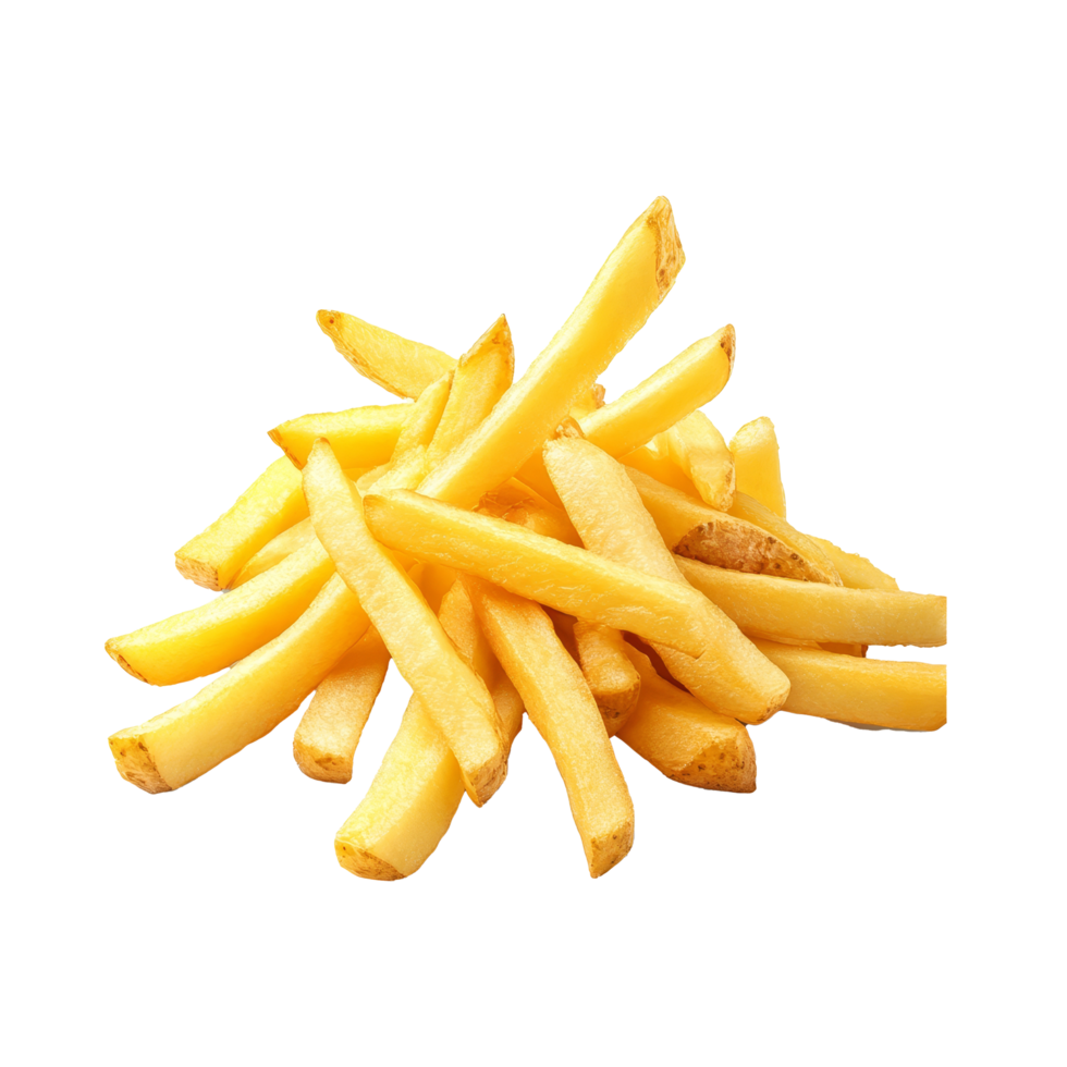 Crispy golden french fries piled high on a clean transparent surface ready for serving or snacking at any time of day, Stacked french fries isolated png