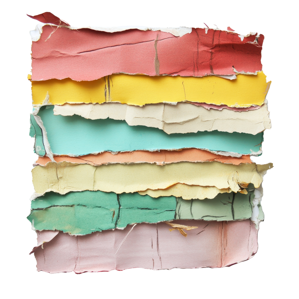 Torn scrapbook paper pieces arranged in colorful layers on a transparent background for creative craft use, Pieces of torn scrapbook paper on transparent backgroundfile png