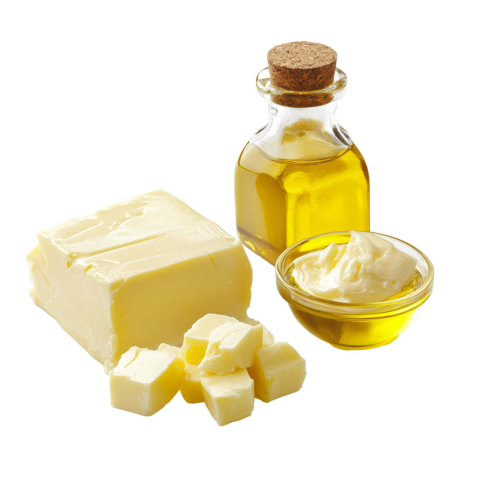 Butter and margarine with oil displayed on a transparent background for culinary and nutritional use, Butter, margarine and oil isolated Stock Photo png