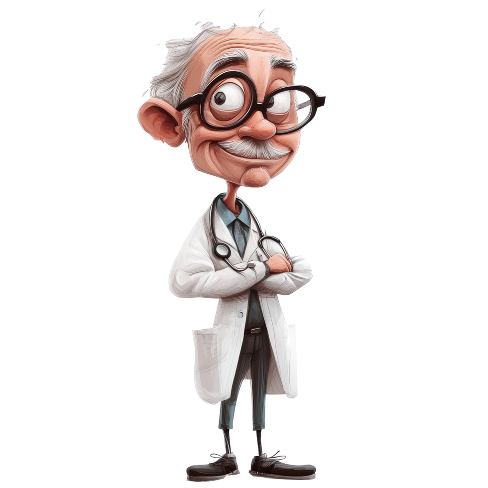 A quirky cartoon doctor with glasses standing confidently in a transparent coat against a bright background, crazy cartoon doctor isolated on transparent background png