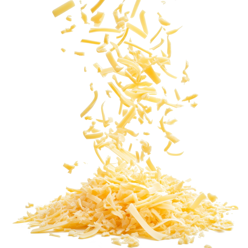 Falling grated cheese creates a tasty pile on a clean transparent background in a kitchen setting, Falling grated cheese on transparent background png