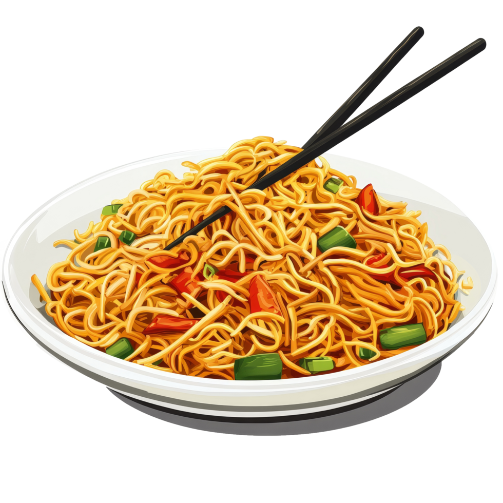 Delicious chow mein with colorful vegetables served in a transparent bowl, accompanied by chopsticks against a clean transparent background, Chow mein japanese food Isolated transparent background png