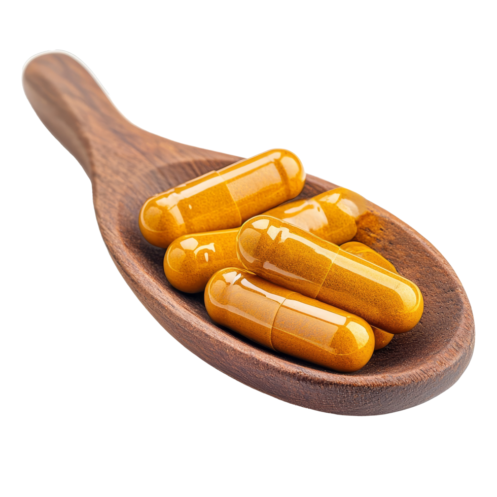 Turmeric capsules arranged in a wooden spoon against a transparent background for natural health remedies, Turmeric Capsule in wood spoon on transparent background png