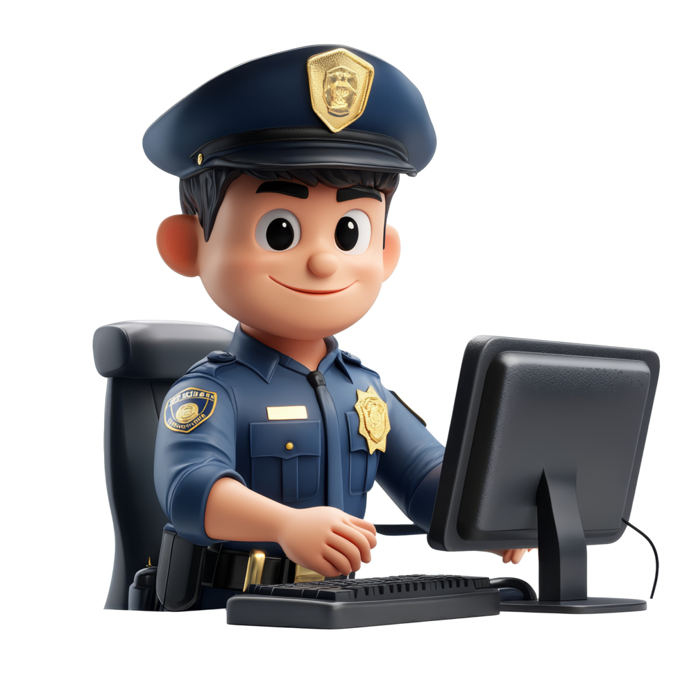 Playful police officer character working at a workstation in an engaging setting, 3D Police Officer Character at Workstation on transparent background png
