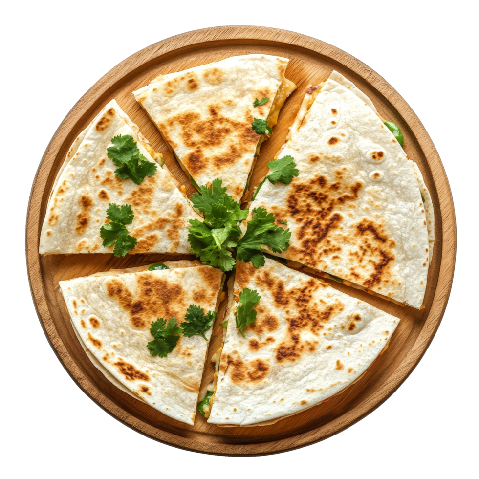 Delicious quesadilla slices with fresh cilantro served on a rustic wooden plate in a bright, inviting kitchen, quesadilla on wooden plate, top view, isolated transparent background png