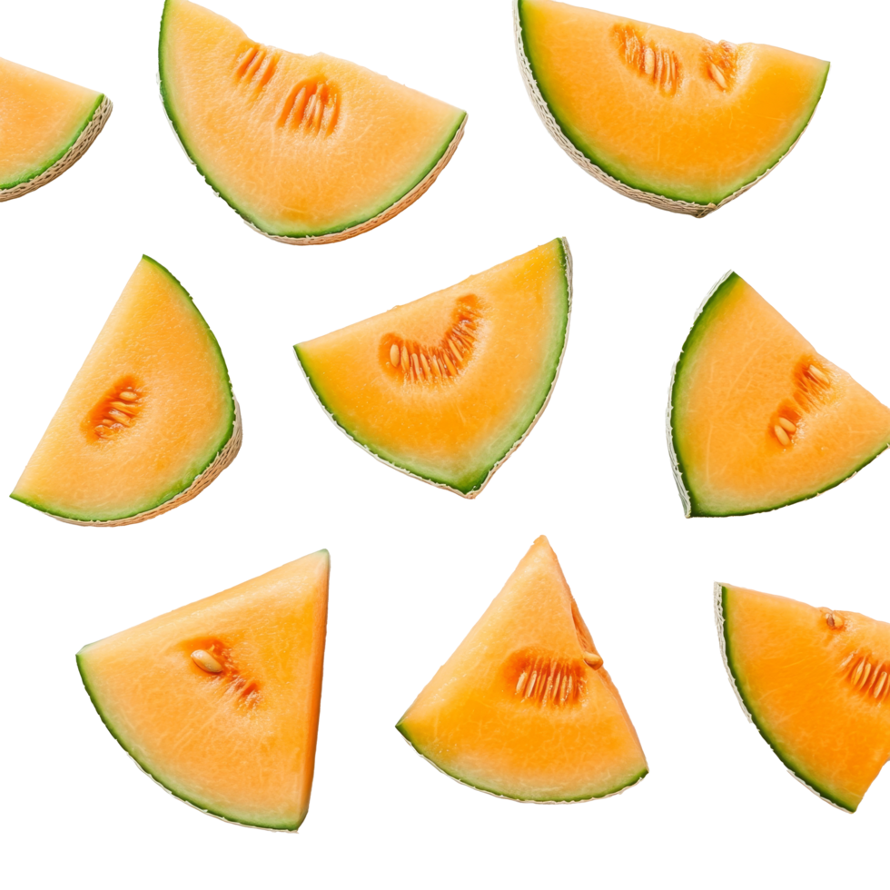 Freshly sliced cantaloupe melon arranged in a vibrant pattern on a pure transparent background, cantaloupe melon slices on transparent background png