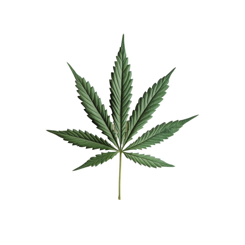 A close-up view of a cannabis leaf displayed on a clean transparent background, Canabis leaf on transparent background png