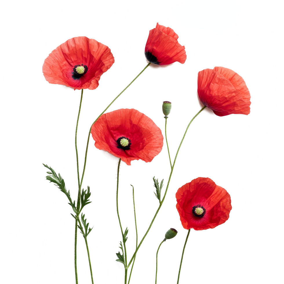 Vibrant red poppy flowers displayed against a clean transparent background showcasing their delicate petals and green stems, poppy flowers isolated on transparent background png