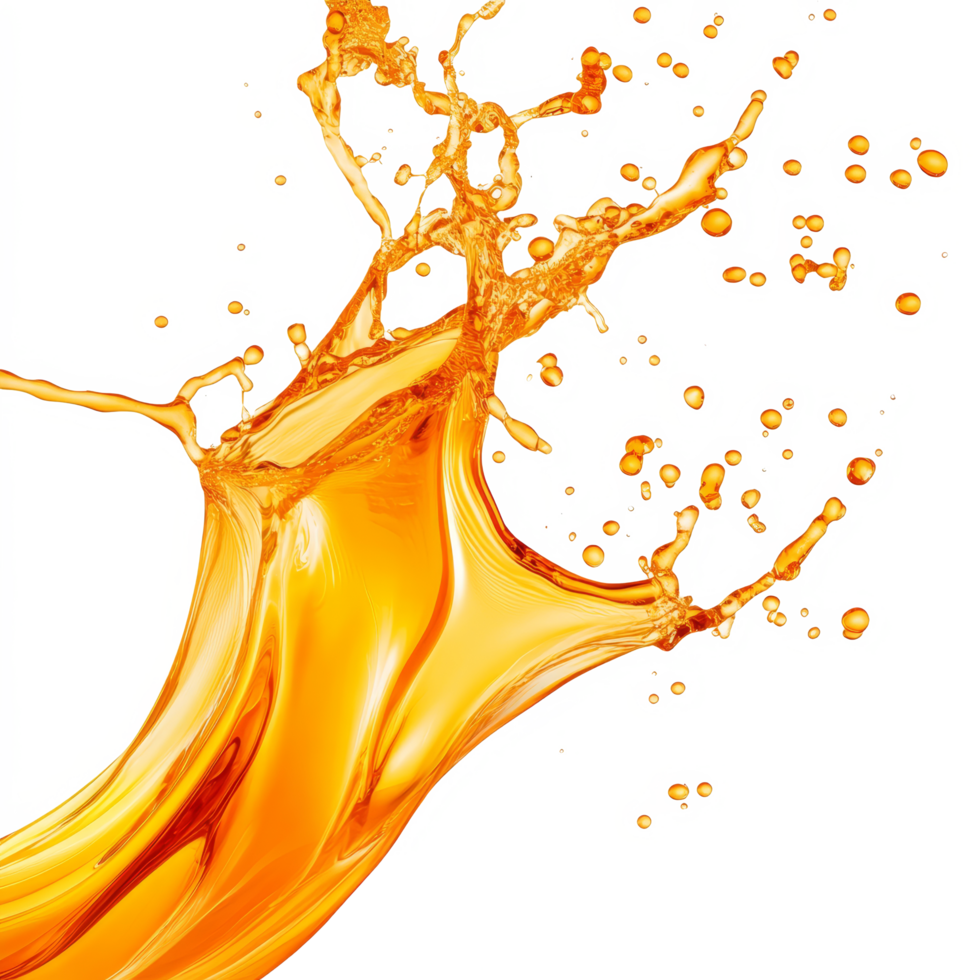 Dynamic orange liquid splash captured in mid-air on a transparent background showcasing fluid motion and energy, orange liquid fluid splash in air isolated on transparent background png