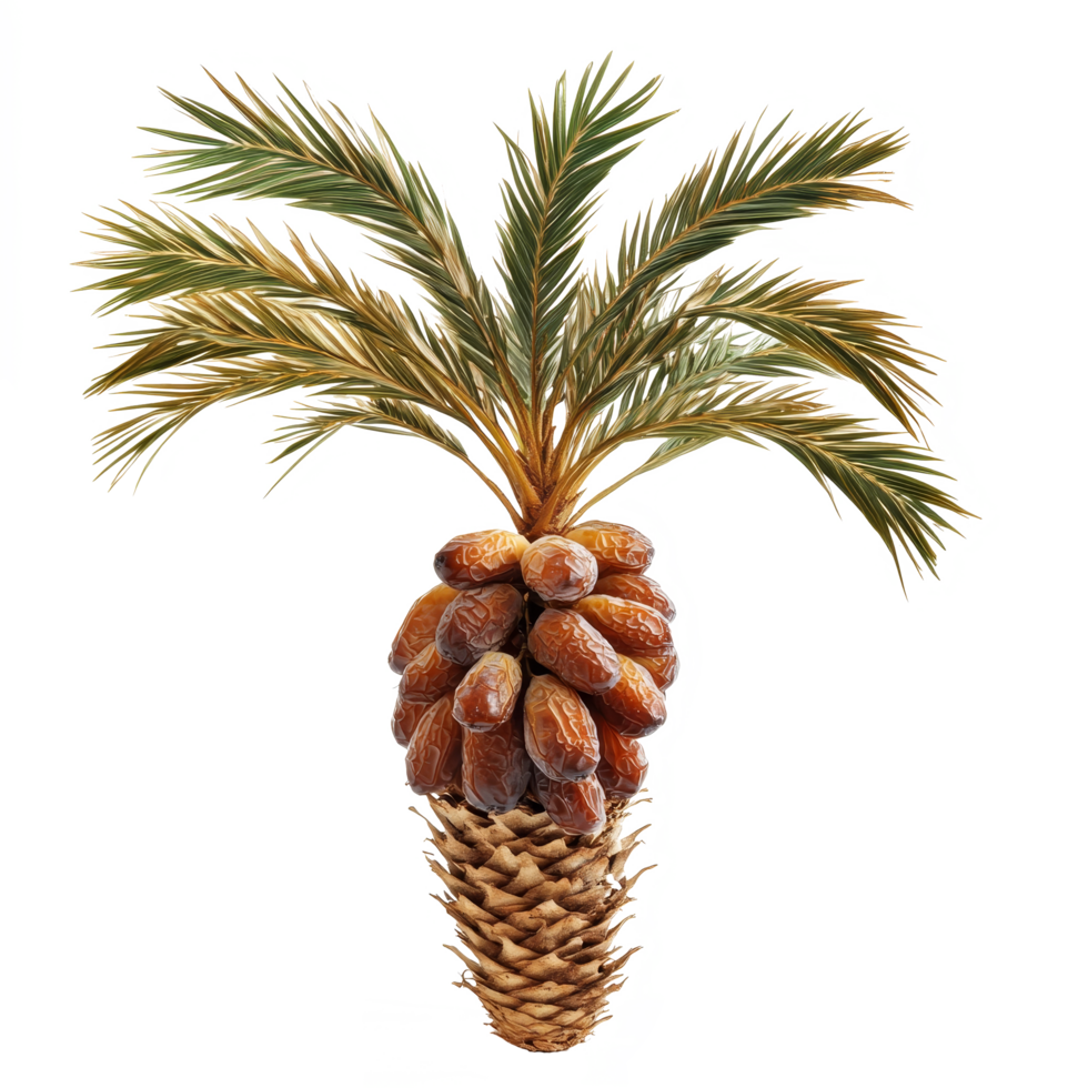 A fresh date palm stands elegantly against a transparent backdrop, displaying clusters of ripe dates and lush fronds, fresh date palm isolated on transparent background png