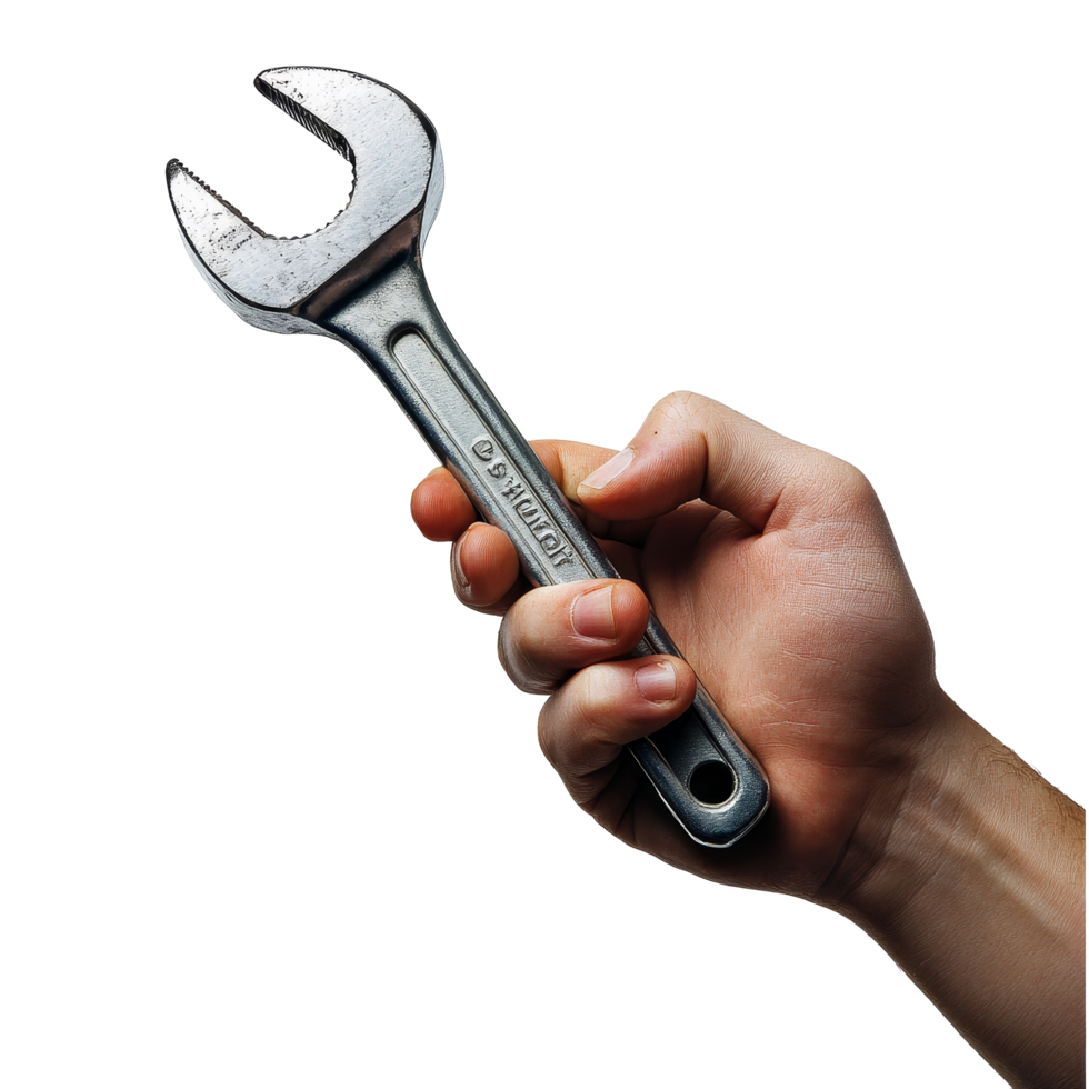 Hand gripping a metallic wrench against a plain transparent background during a DIY repair activity, Hand Holding Wrench on transparent background png