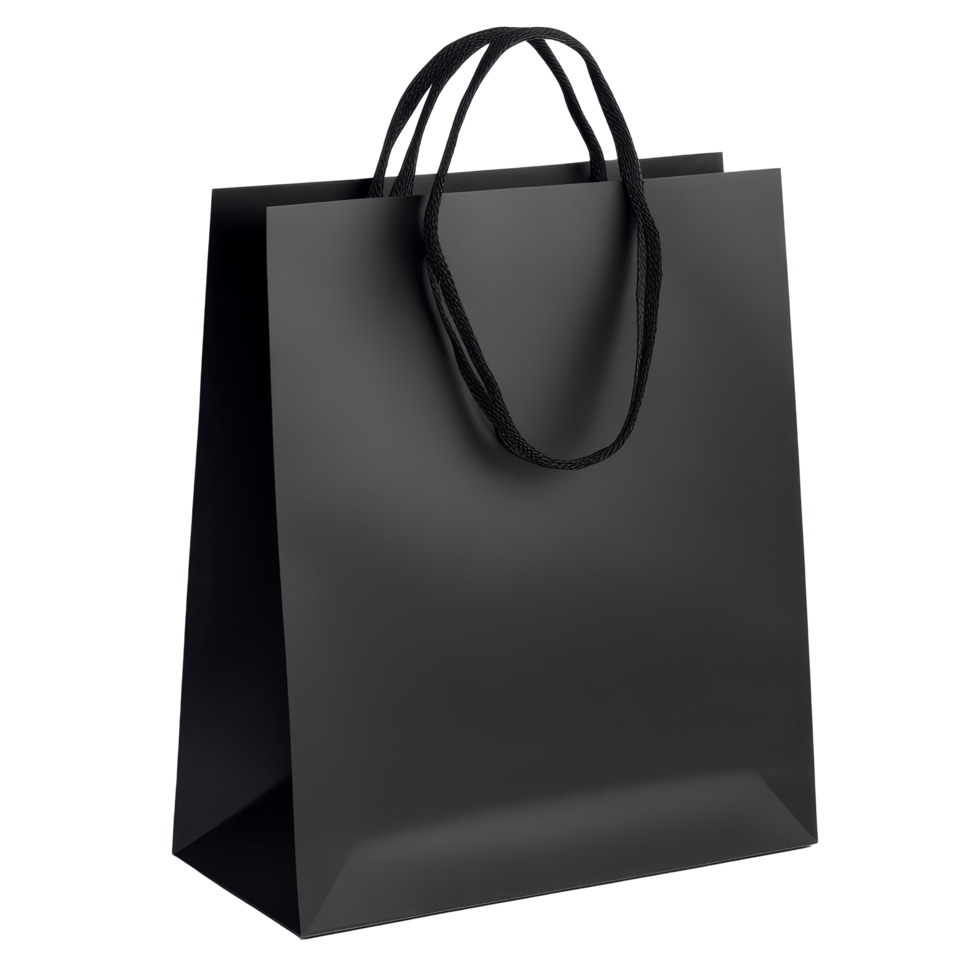 Black paper shopping bag isolated on a transparent background for retail and packaging purposes, black paper shopping bag isolated on transparent background png