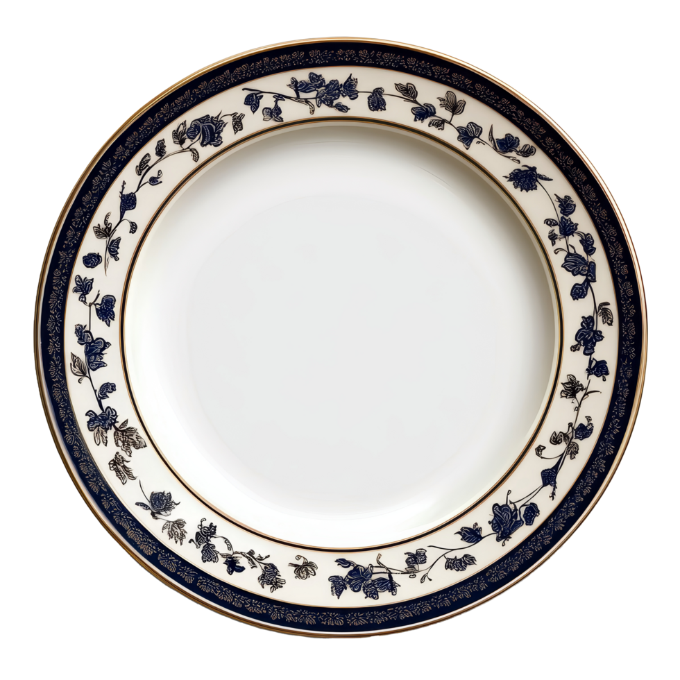 Elegant decorative dish plate featuring intricate floral design on a clean transparent background for dining table enhancement, dish plate on transparent backgroundfile png