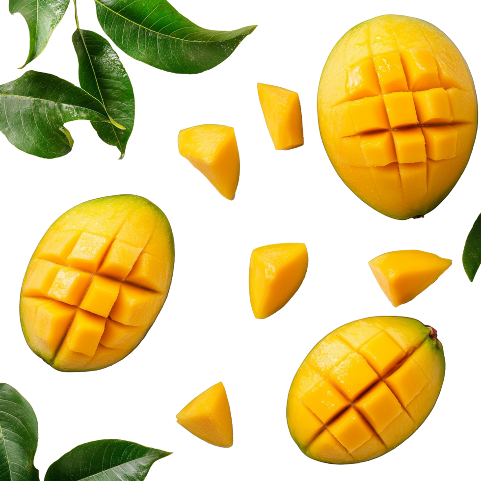 Fresh organic mango cut into cubes, garnished with leaves on a clean transparent background for a vibrant display, Fresh organic mango on a transparent background png