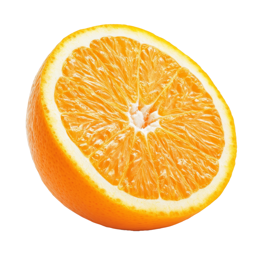 Fresh half orange showcasing juicy segments on a clean transparent background, Half orange fruit on transparent background png