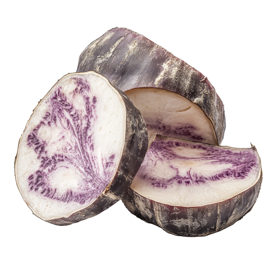Fresh taro root slices isolated on transparent background showcasing unique purple patterns, taro slice isolated on transparent background png