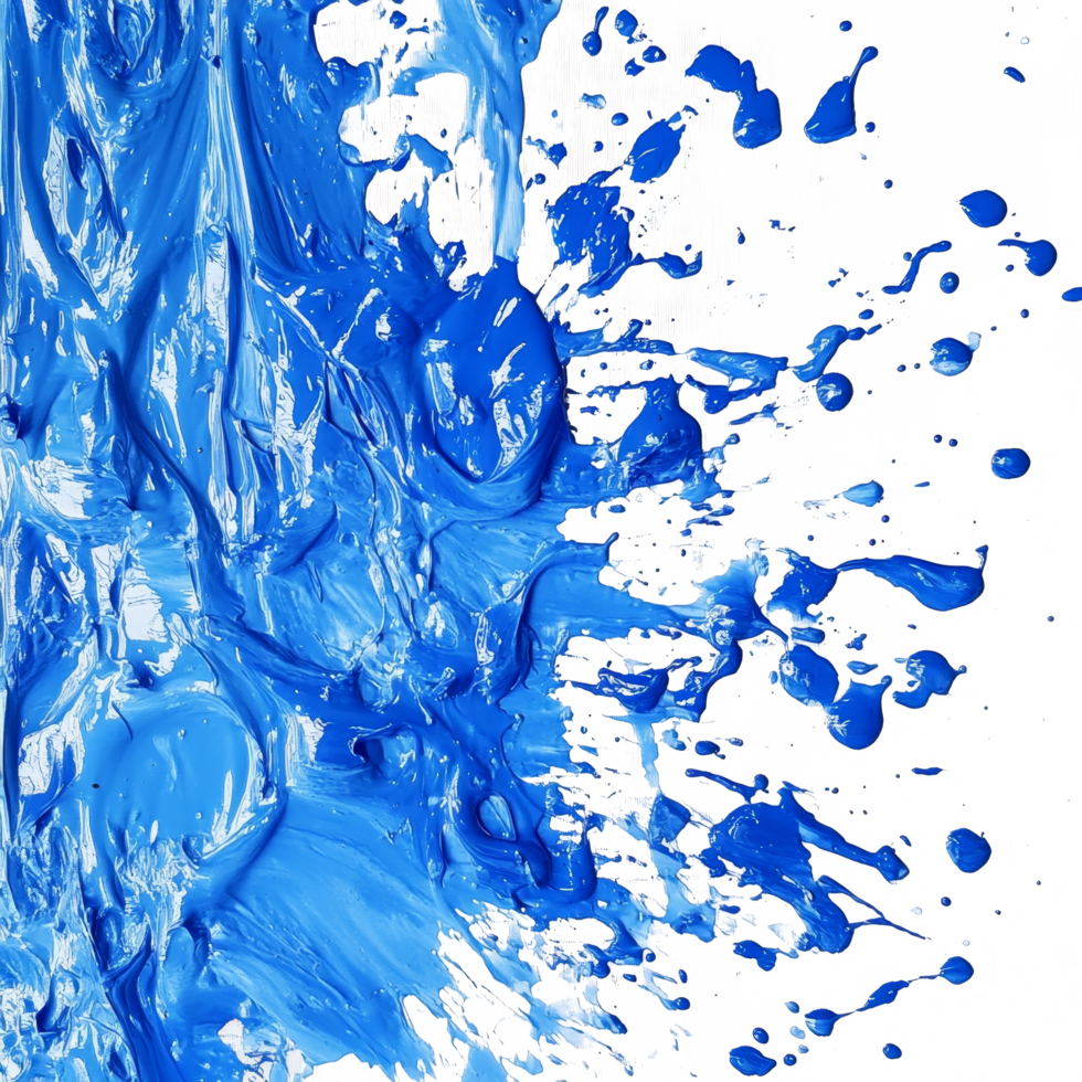 Blue paint splatter on a transparent canvas showcasing vibrant transparent hues in artistic expression, blue wet paint color splatter png