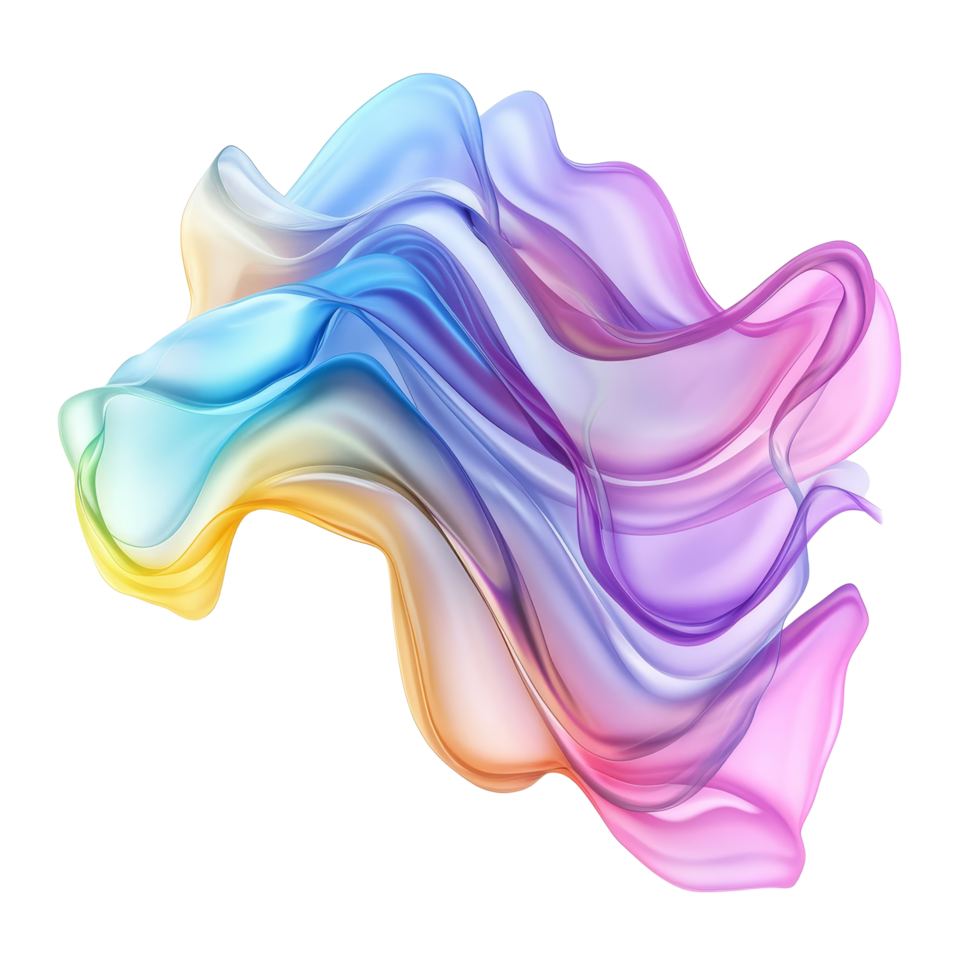 A vibrant and dynamic wave of flowing iridescent colors creating a stunning visual effect, multicolored flowing abstract iridescent wave shape isolated on transparent background png