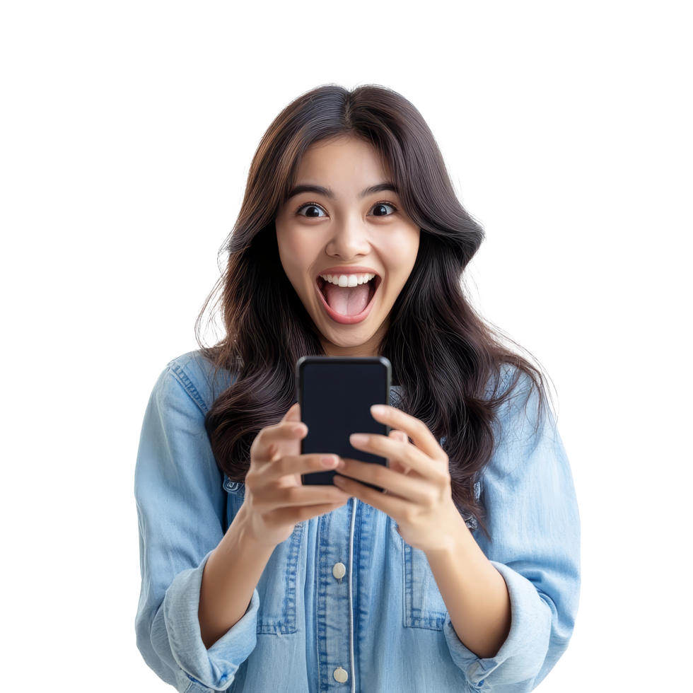 Excited Asian woman joyfully engaging with her smartphone in a bright indoor environment, Excited Asian woman using mobile smartphone isolated transparent background png