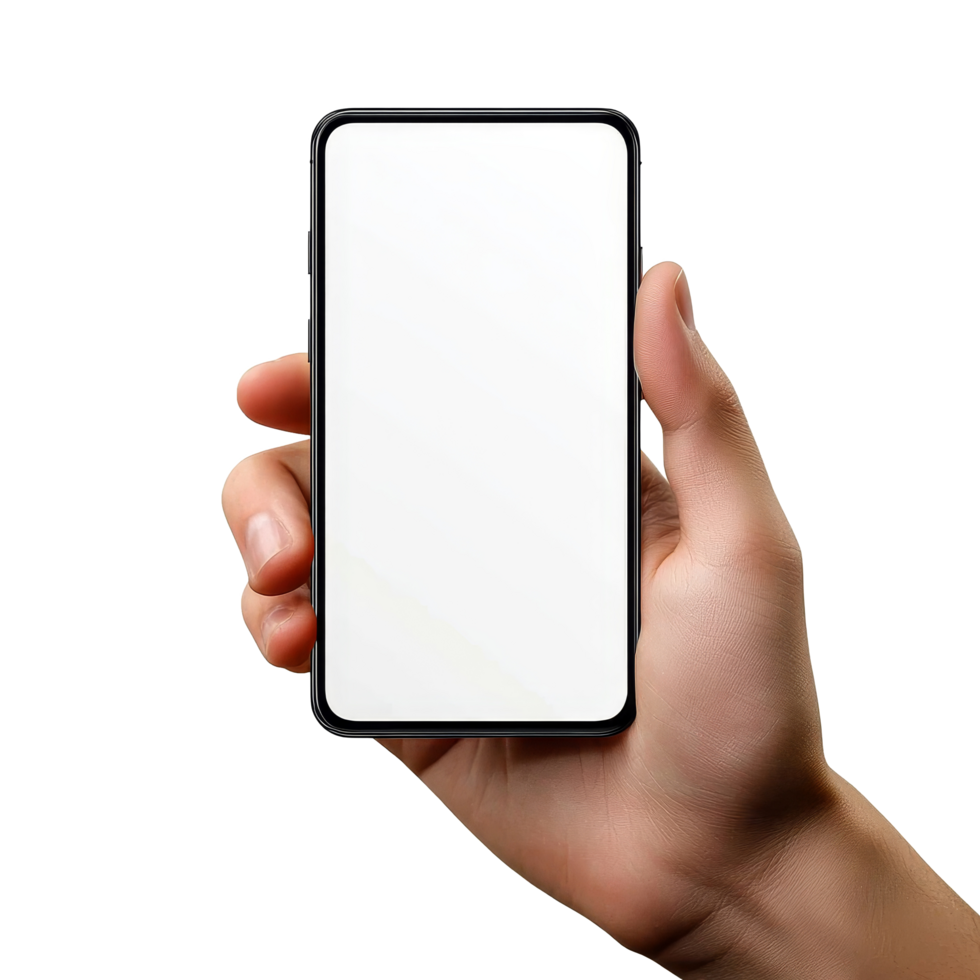 Hand holding a mobile phone mockup with a blank screen for design and marketing showcases, Mobile phone mockups, smartphone screen mock up frame in hand isolated on transparent background png