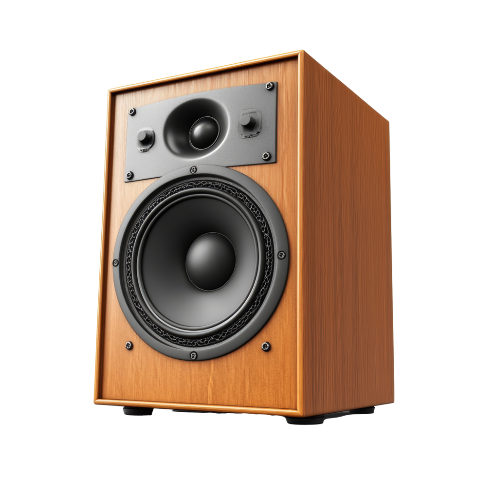 Classic audio speaker with wooden finish on a clean transparent background for clear visibility, audio speaker isolated on transparent background png