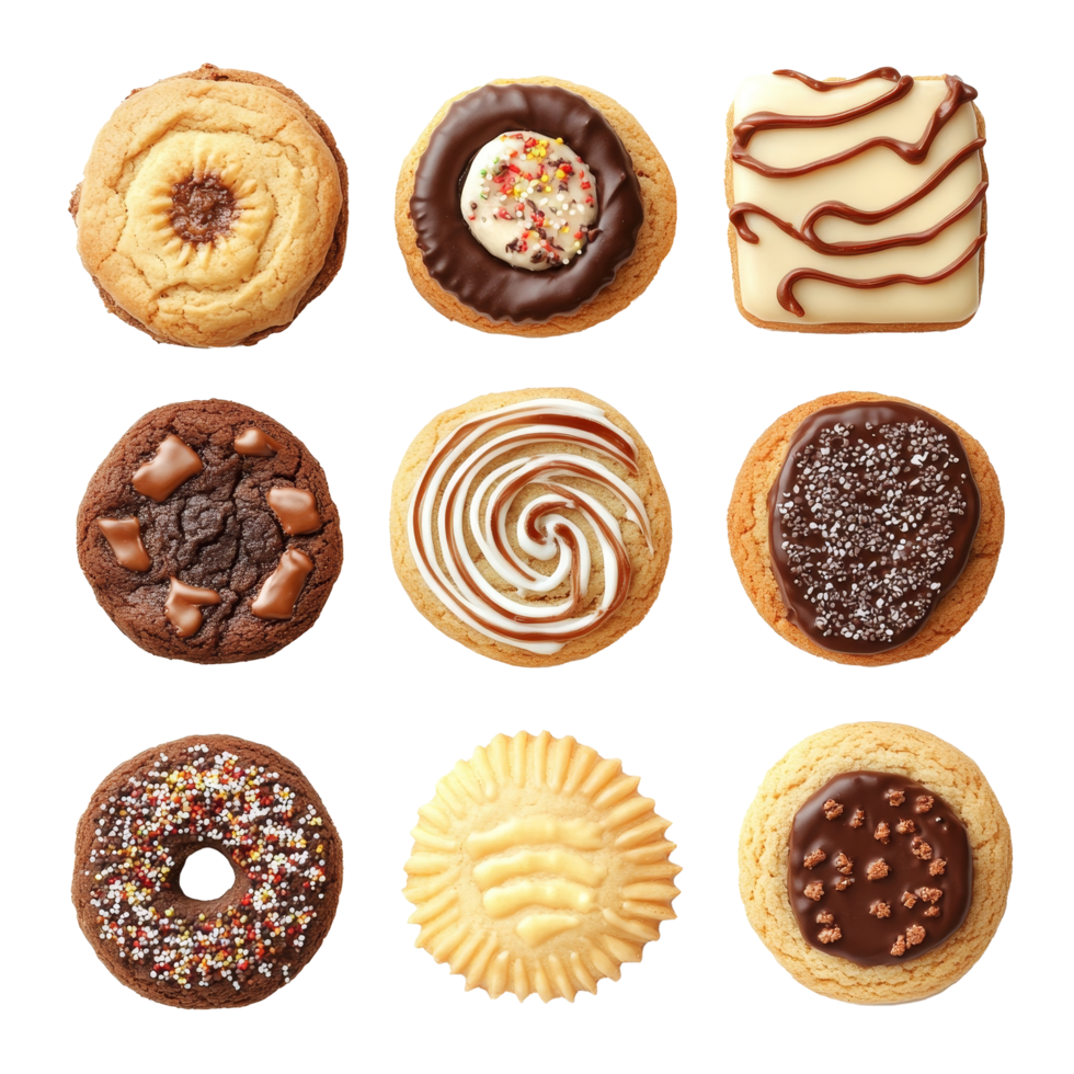 Assorted cookies with various toppings on a transparent background ready for serving or gifting, assorted cookies with various toping isolated on transparent background png