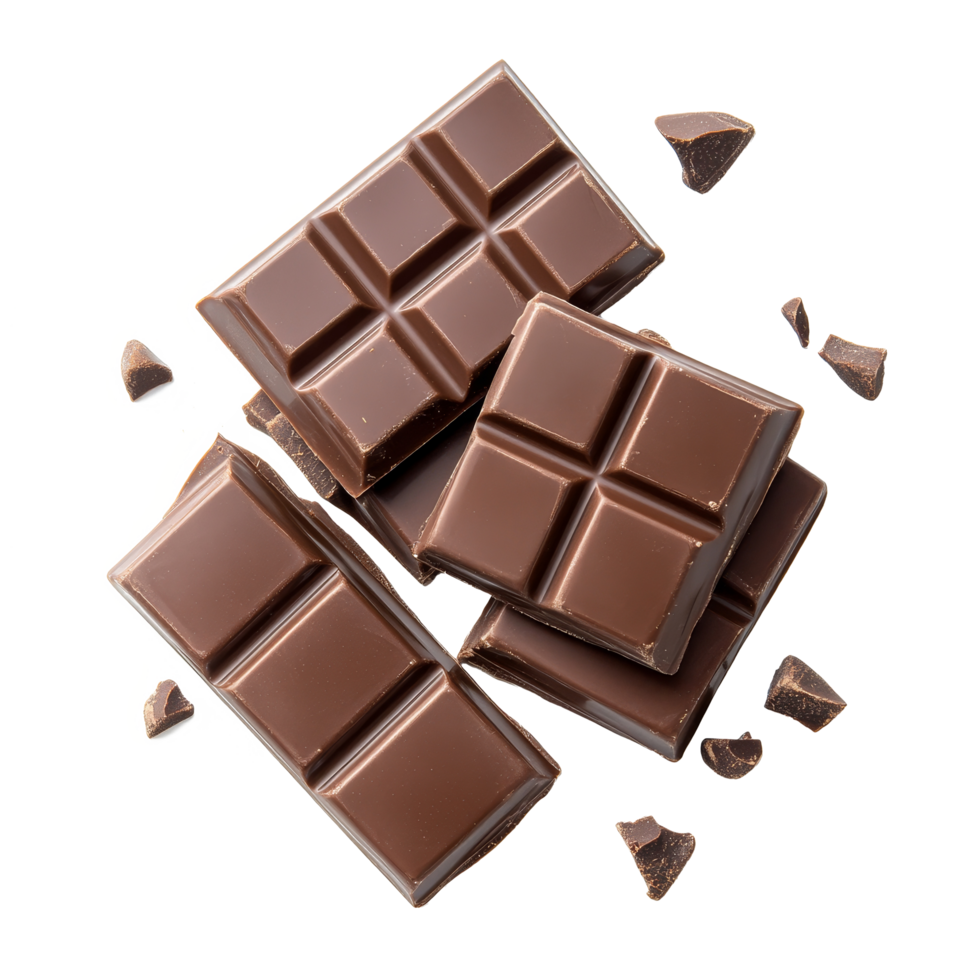 Delicious chocolate bars arranged neatly on a transparent background with scattered pieces, Chocolate bars insolated on transparent background png
