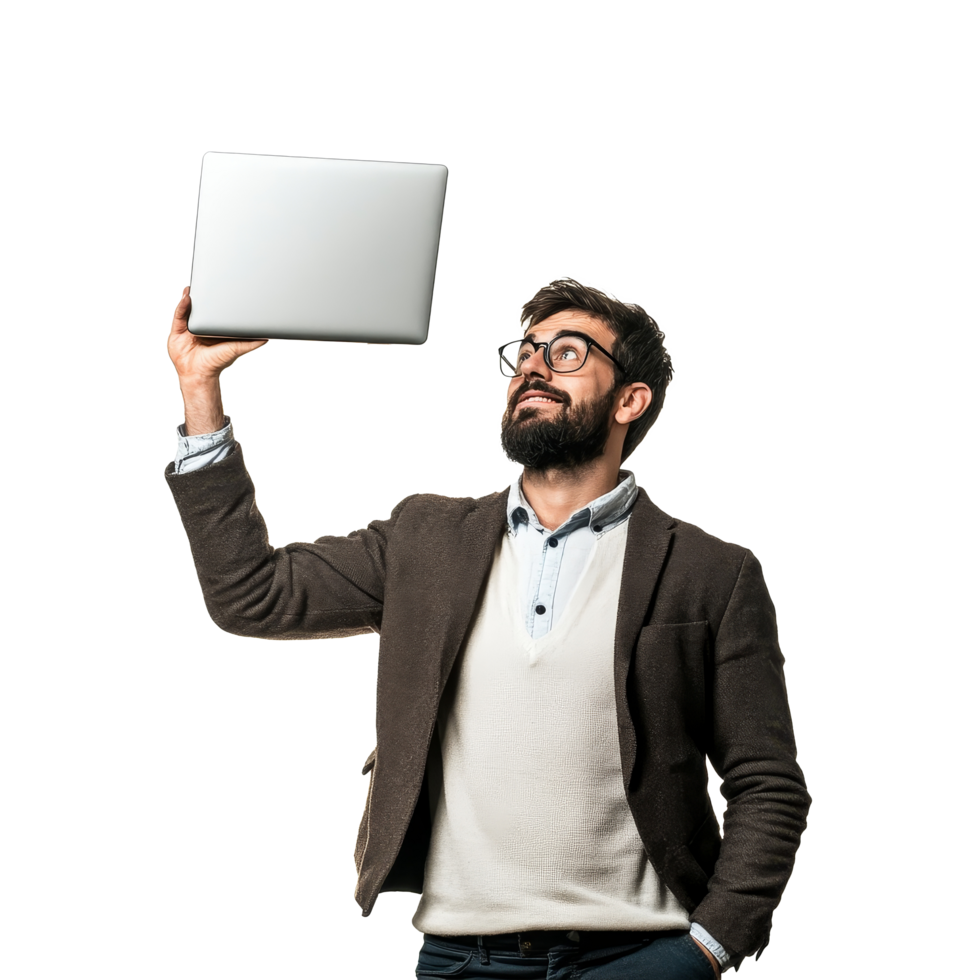 A male teacher confidently holds up a laptop while standing in a modern classroom setting, a man teacher standing up while holding up a laptop, file of isolated object on transparent background png