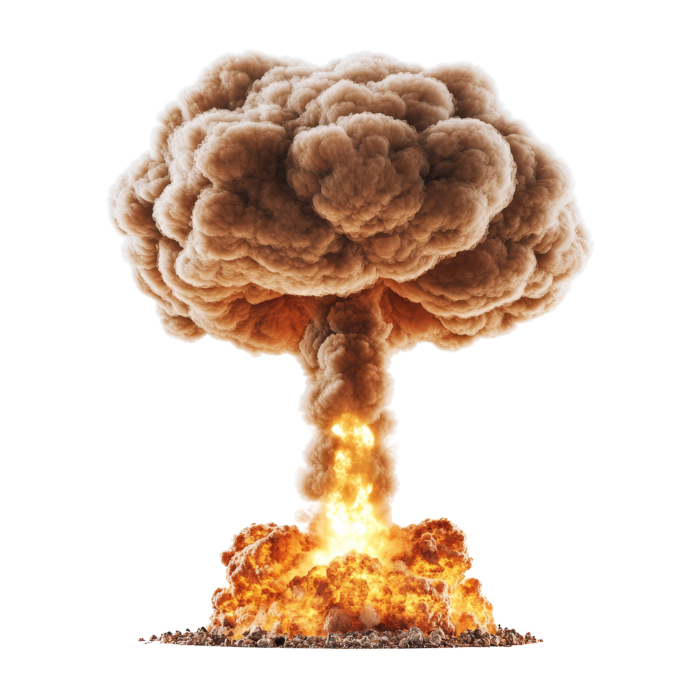 Nuclear explosion with a towering mushroom cloud rising against a clear backdrop, Nuclear explosion and mushroom cloud isolated on transparent background png