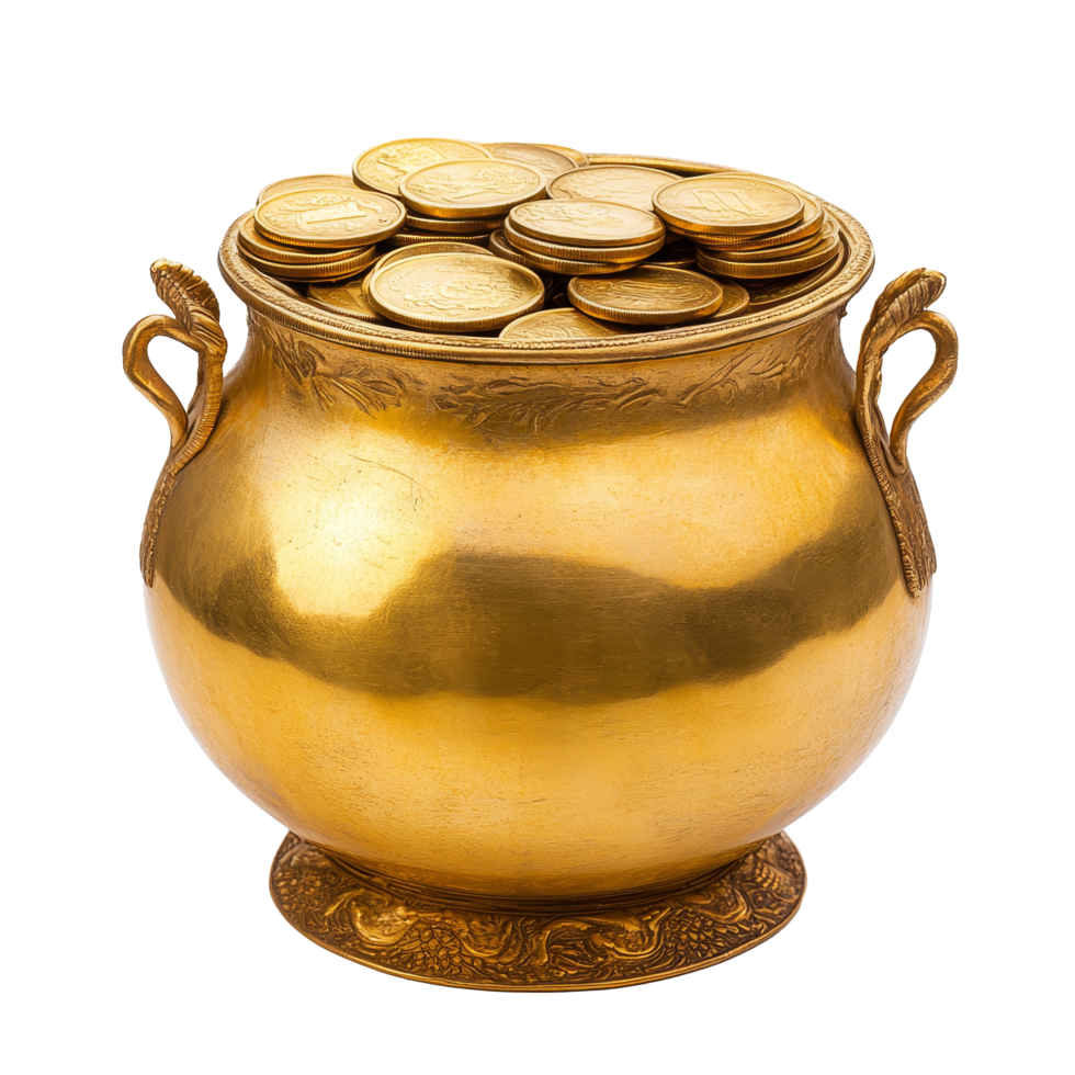Golden pot filled with shiny coins resting on a clean transparent background, Golden Pot Full of Coins on transparent background png