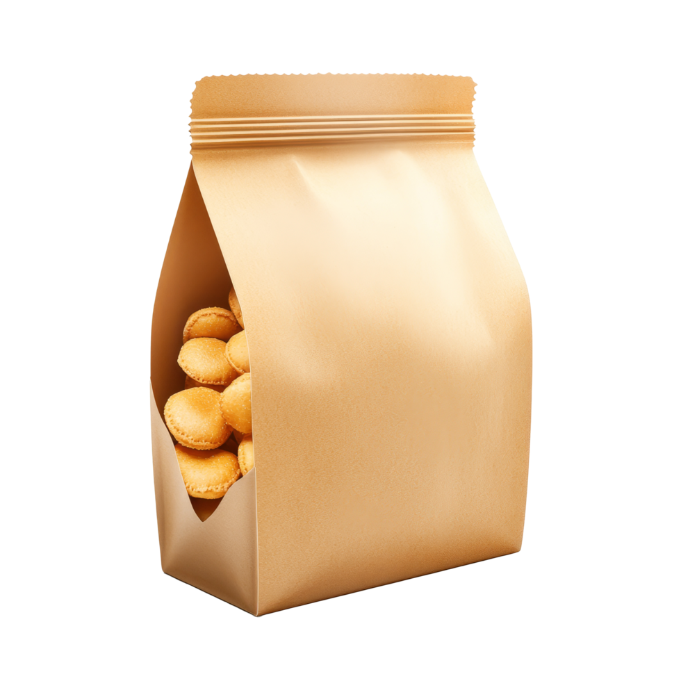 Cut open blank snack packaging revealing golden cookies, isolated against a smooth transparent background, Cut open blank snack packaging isolated png