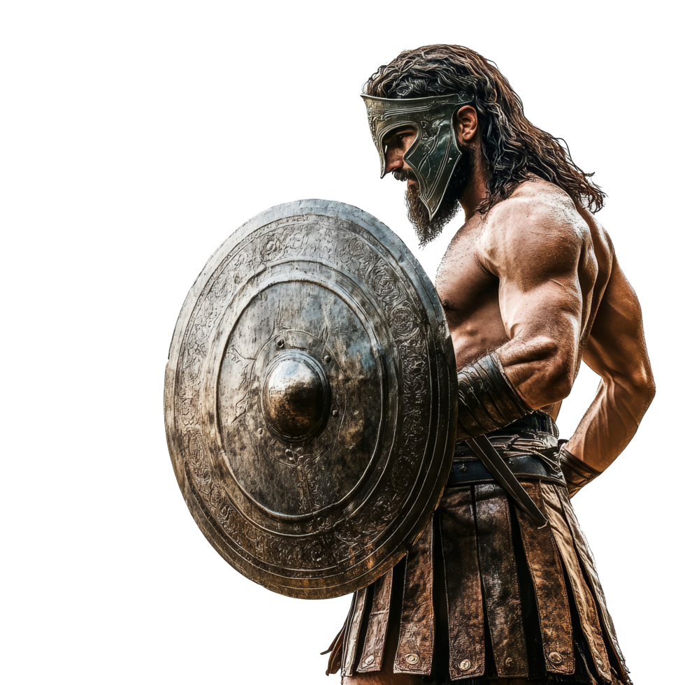 A solitary ancient Greek warrior stands ready for battle with sword and shield in a bold pose, ancient greek warrior man sword and shield isolated on transparent background png