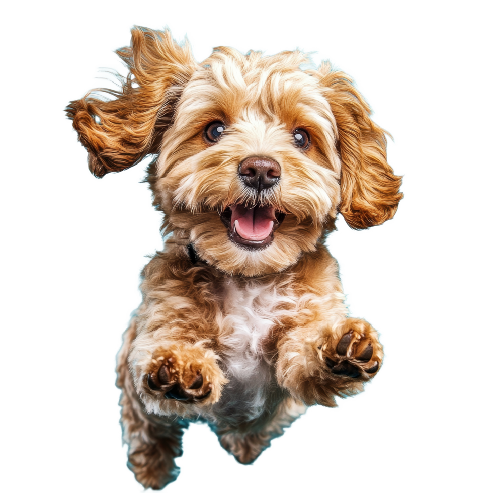 Happy Cavoodle puppy leaps joyfully against a bright blue background during a playful afternoon, Happy Cavoodle Cavapoo Puppy Dog Runs and jumps isolated on blue cyan background png