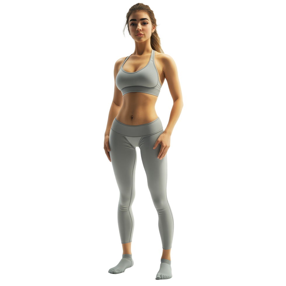 A woman in stylish yoga pants and sports bra poses confidently in a minimalistic studio setting, yoga pants png