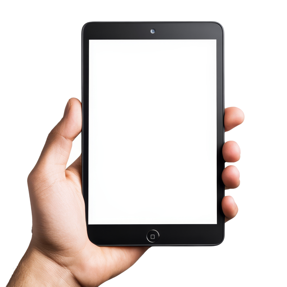 A human hand holds a blank tablet screen, emphasizing technology and user interaction in a modern setting, human hand holding tablet with blank display screen isolated on transparent background png