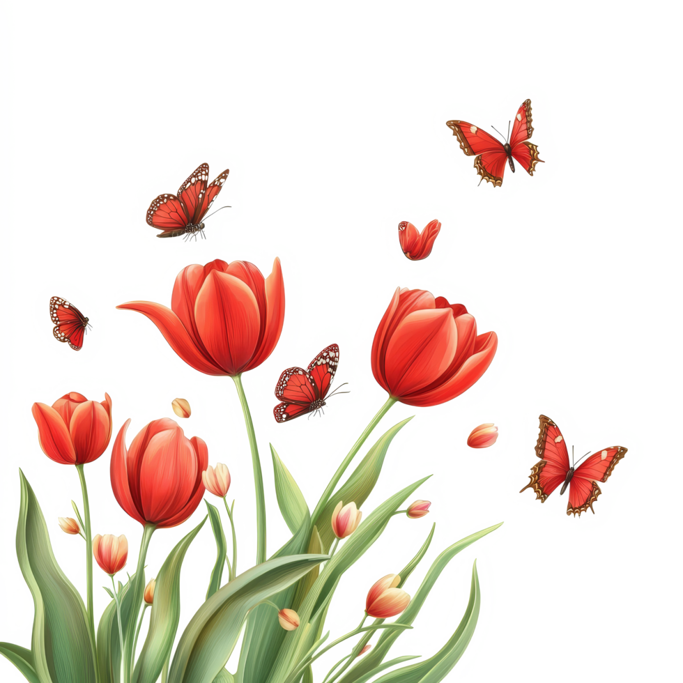 A vibrant display of red tulips and fluttering butterflies on a bright transparent background celebrating springtime beauty, red tulips and butterflies isolated on transparent background png