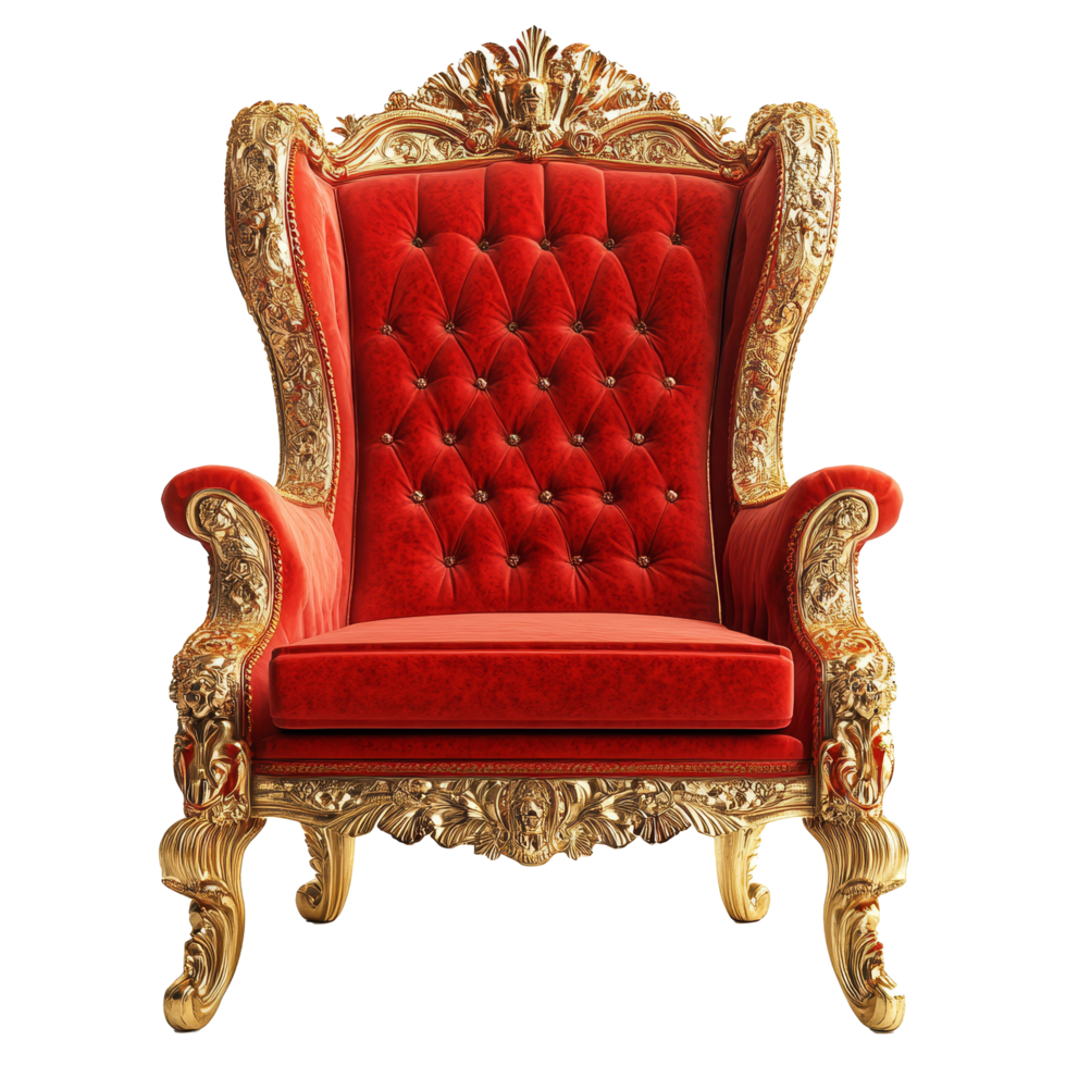 Luxurious red royal throne chair with ornate gold detailing on a plain transparent background ideal for regal decor, Red Royal Throne Chair on transparent background png