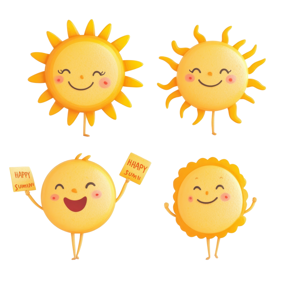 Smiling sun characters celebrating summer with cheerful signs in a vibrant, sunny atmosphere, Smiling Sun Characters Holding Happy Summer Signs on transparent background png