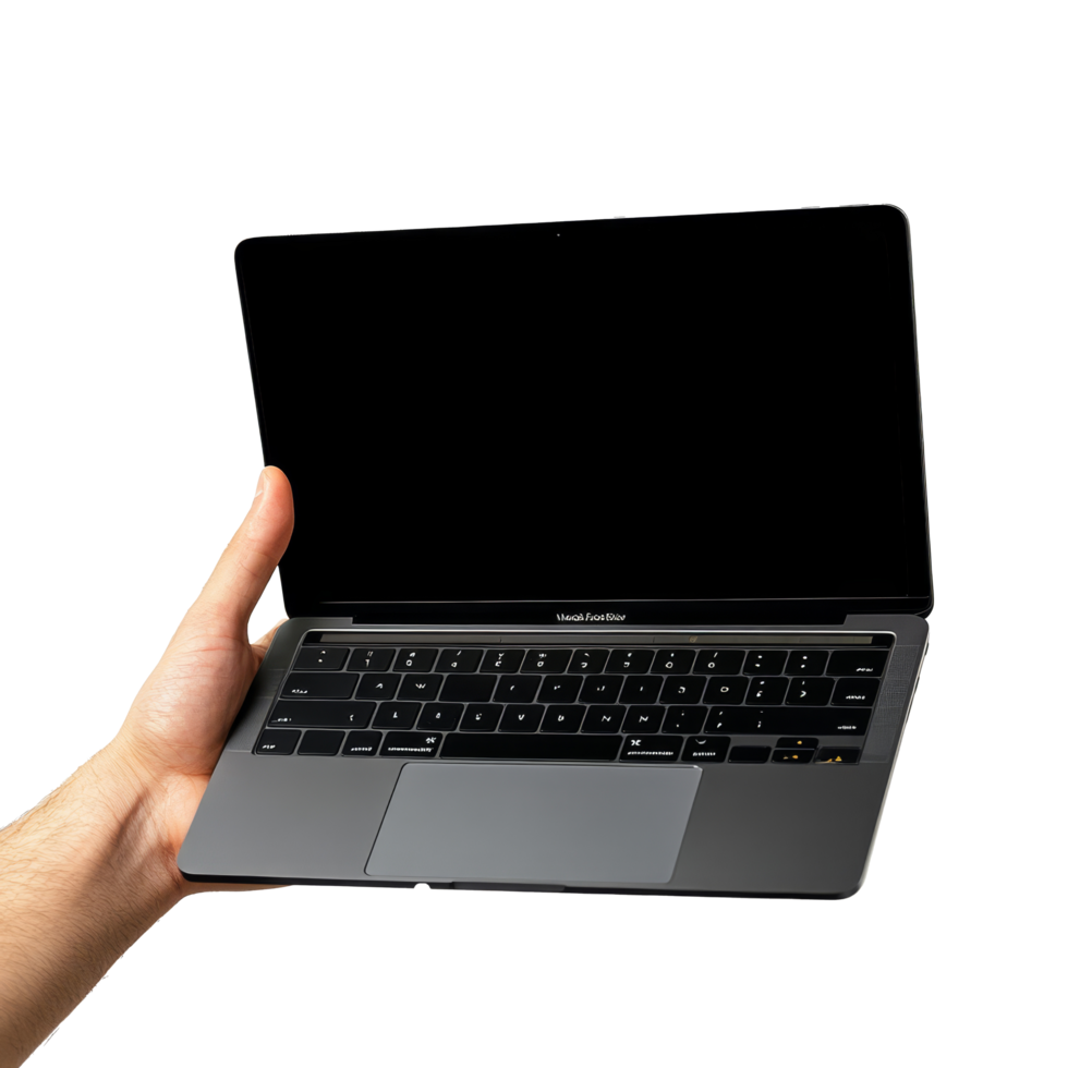 A person holds a sleek laptop in their hand against a clean transparent background showcasing modern technology, Hand holding the laptop or notebook on transparent backgroundfile png