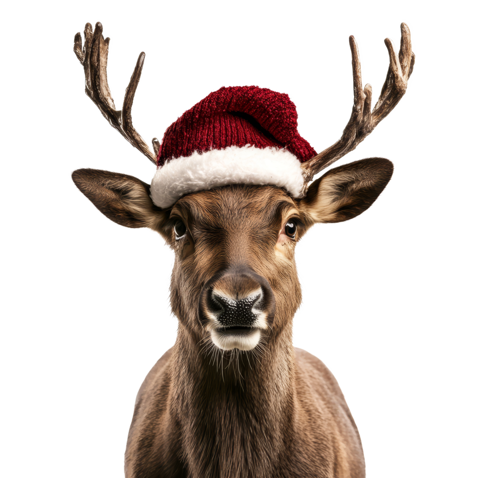 A festive reindeer wearing a Christmas hat against a bright transparent background for holiday cheer, Reindeer in Christmas Hat Isolated on transparent background png