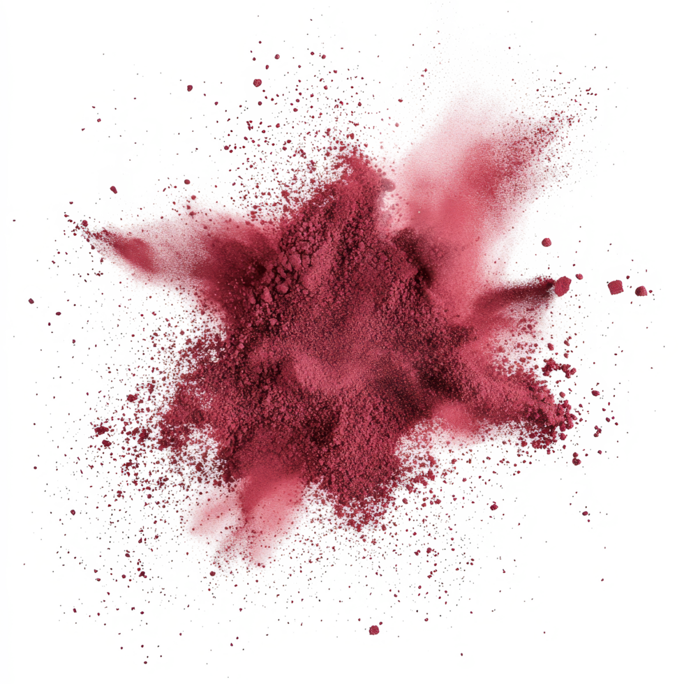 Maroon color powder explosion isolated on transparent background creating a vibrant dust cloud effect, maroon color powder pulver explosion isolated on transparent background png