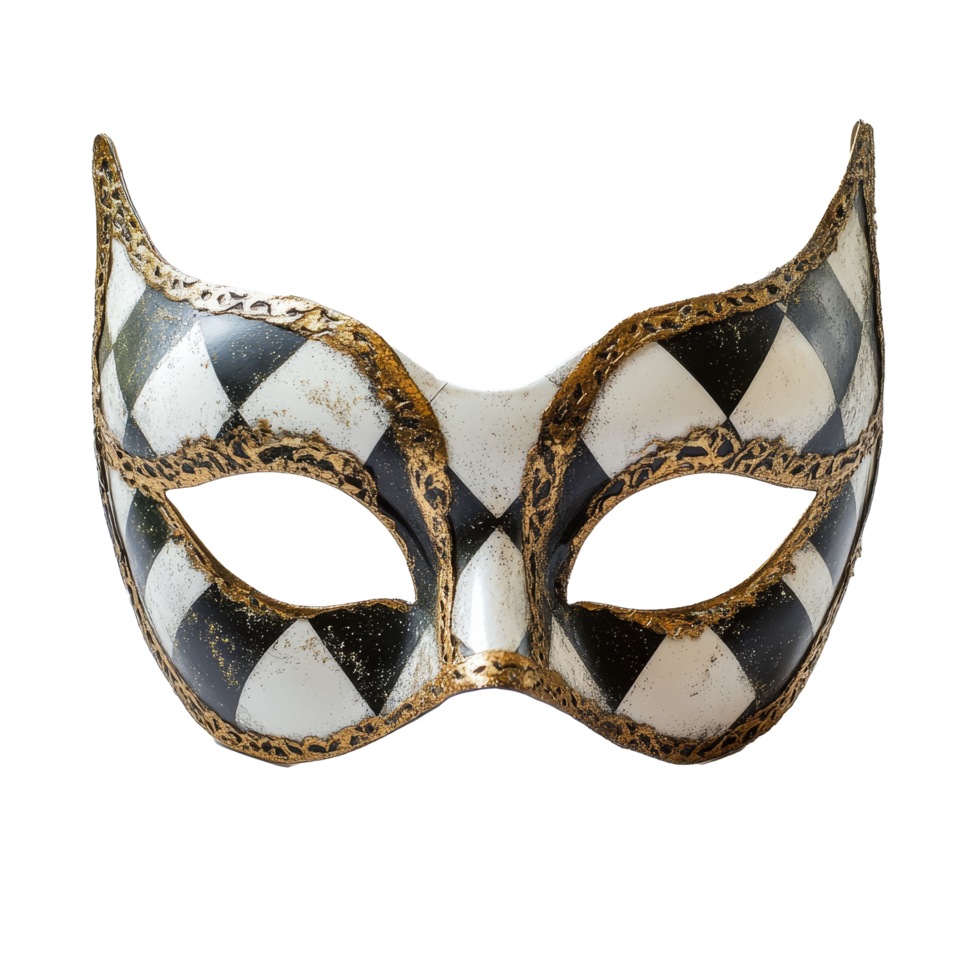 Elegant vintage Harlequin masquerade mask displayed on a simple transparent background showcasing intricate designs, Vintage Harlequin Masquerade Mask on transparent background png