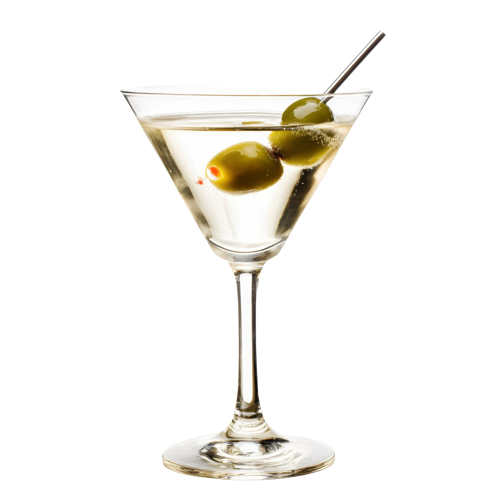 Delicious dirty martini cocktail served in a classic glass with olives, isolated on a clean transparent background, dirty martini cocktail isolated on transparent background png