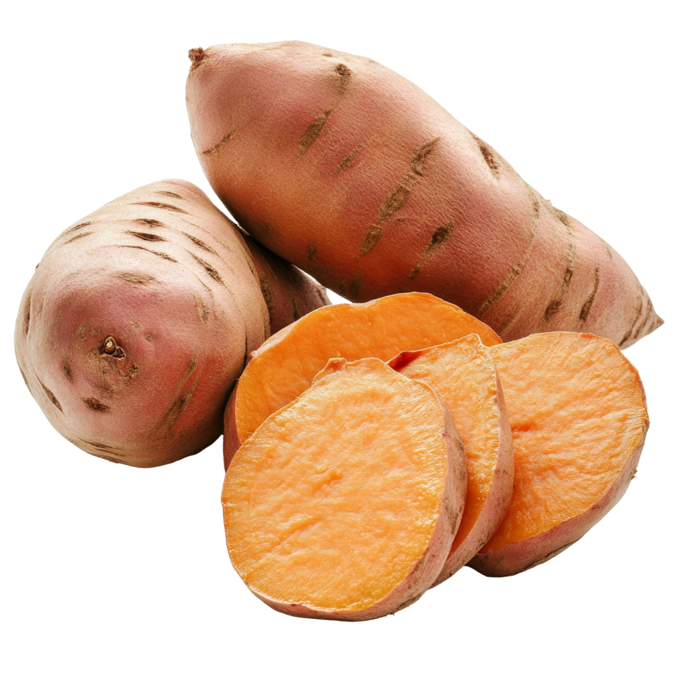 Fresh sweet potatoes on a transparent background showcasing their vibrant color and natural appeal, Fresh sweet potatoes on a transparent background png