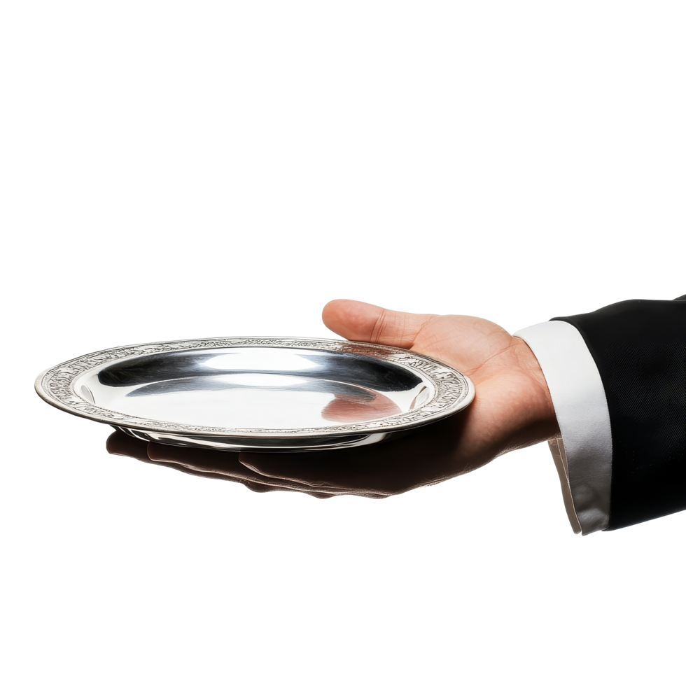 A butler's hand presents a silver tray against a transparent background highlighting elegance and service, butler's hand with silver tray isolated on transparent background png
