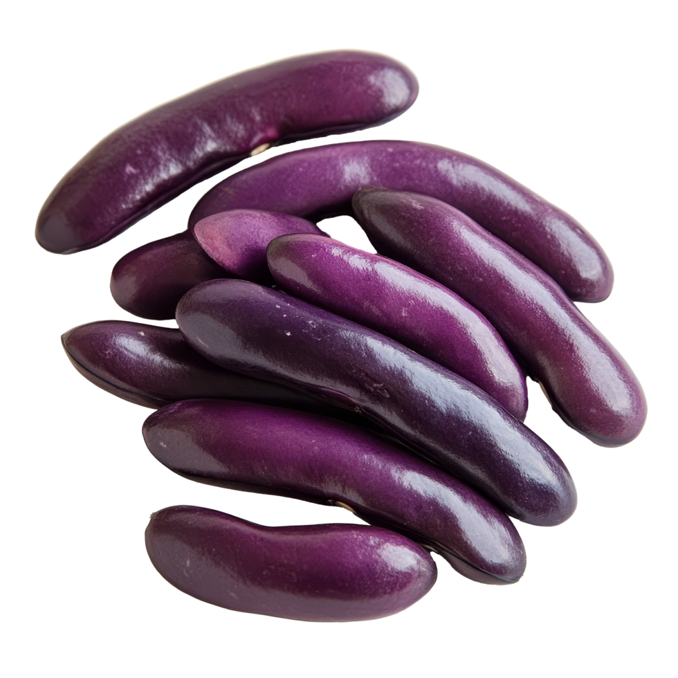 Vibrant purple beans arranged on a transparent background, showcasing their rich color and unique shape, purple beans on transparent background png