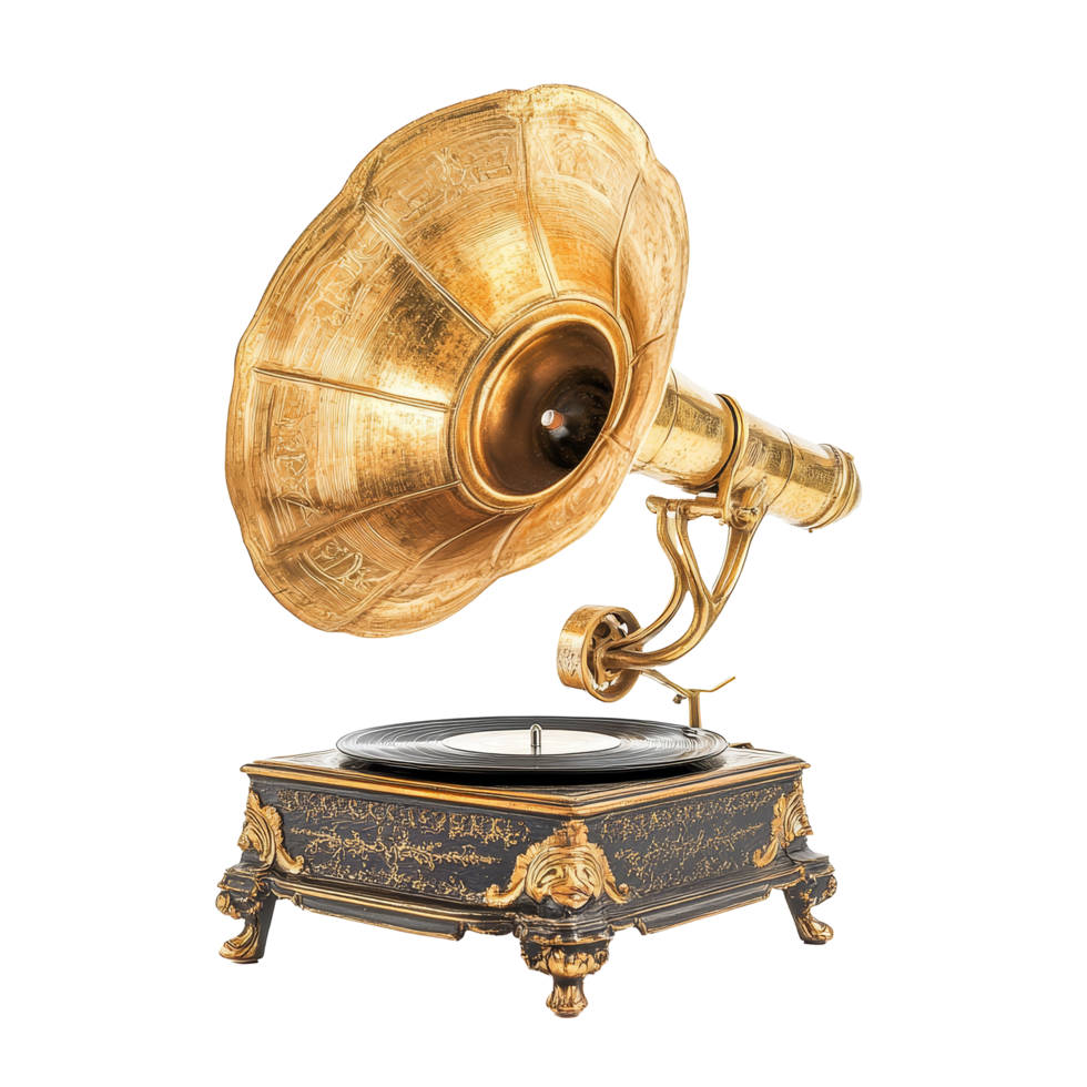 Classic golden gramophone on a transparent background showcasing vintage design and elegance in music history, Classic Golden Gramophone on transparent background png